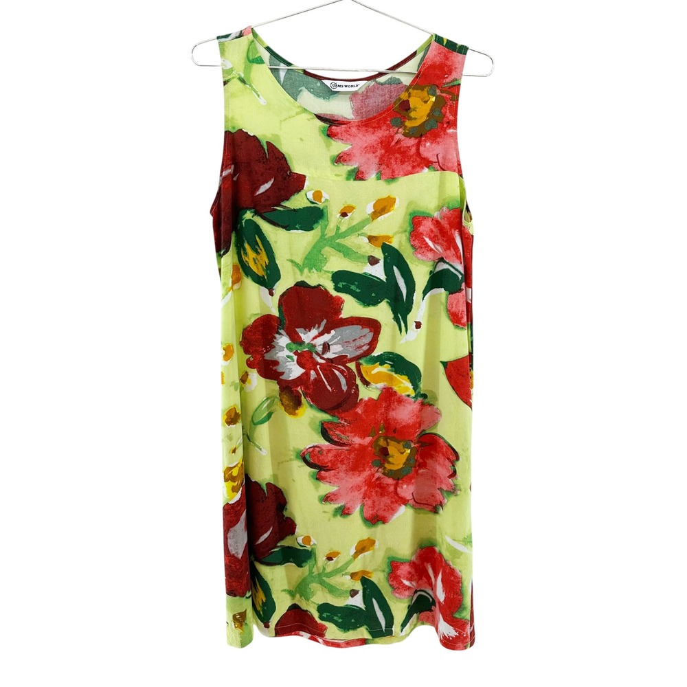 JAMS WORLD Hawaiian Flower Joy Shift Dress • Medium • green red vacation resort